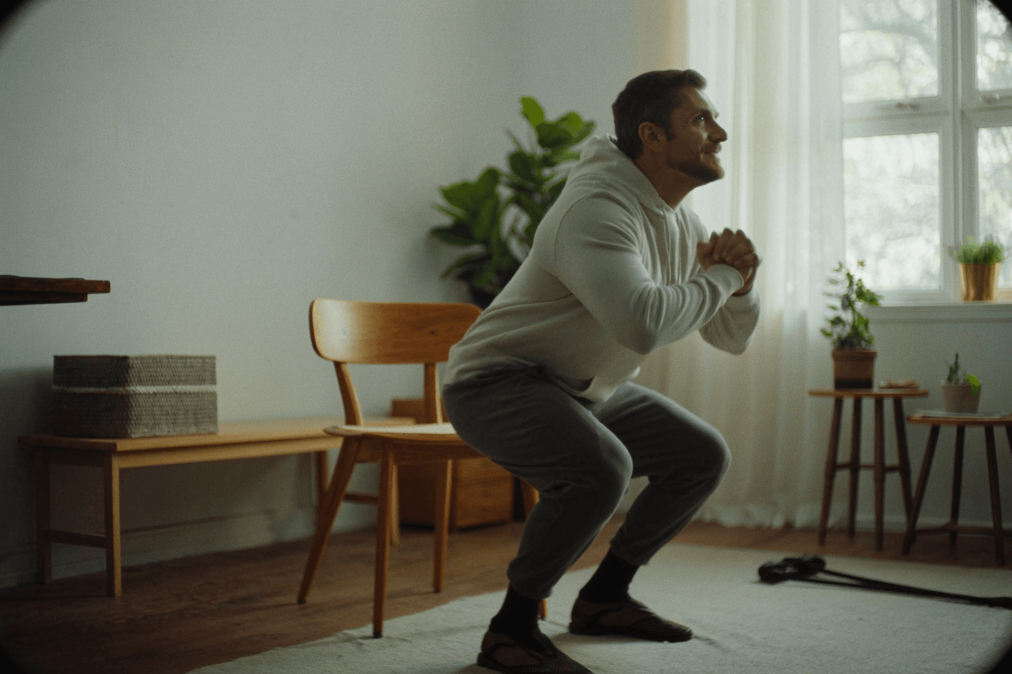 Man in his late 40s doing a gentle beginner squat at home as strength training for over 40s