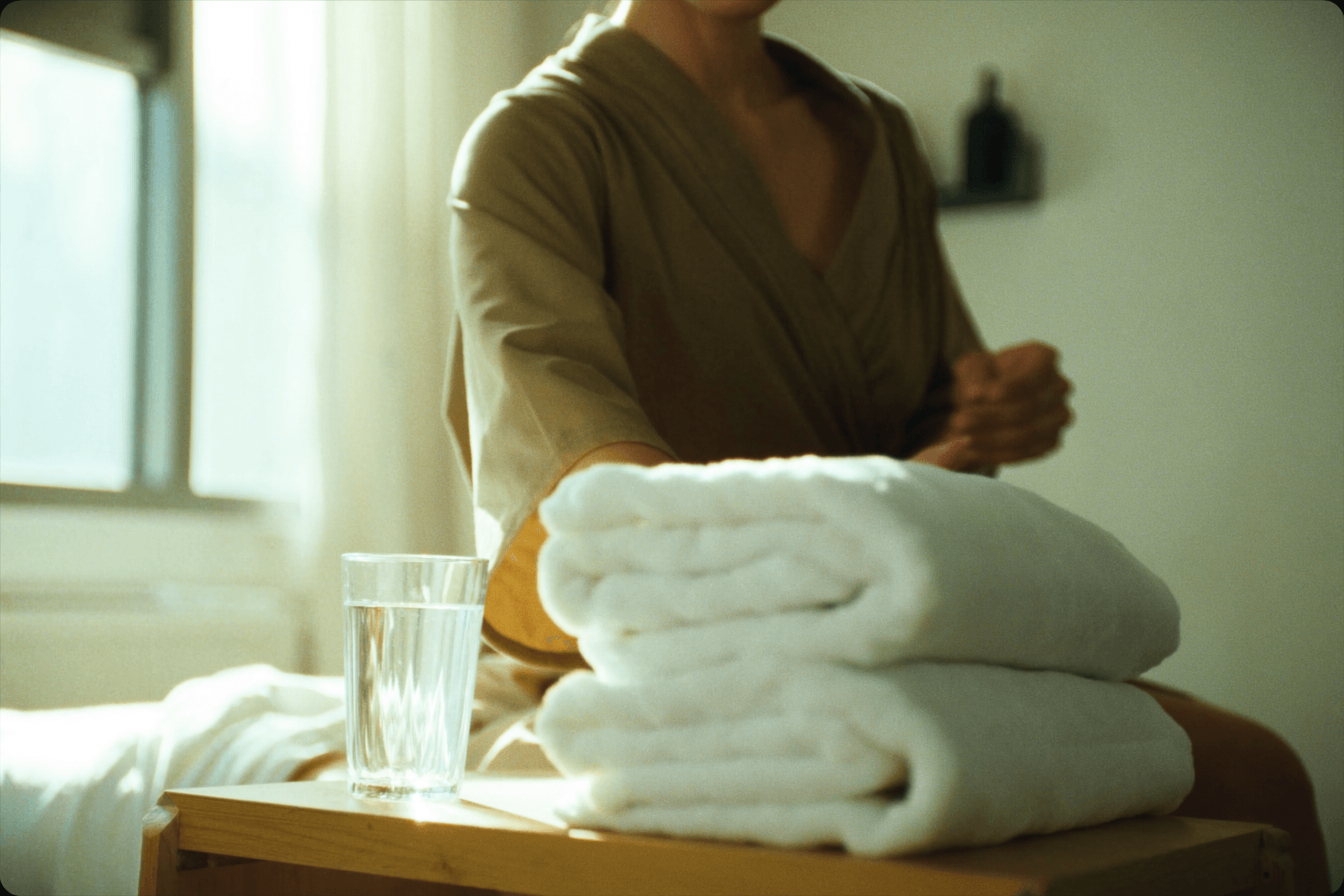 Glass of water and folded towels on a wooden table in a calm treatment room, ready to prepare for a massage